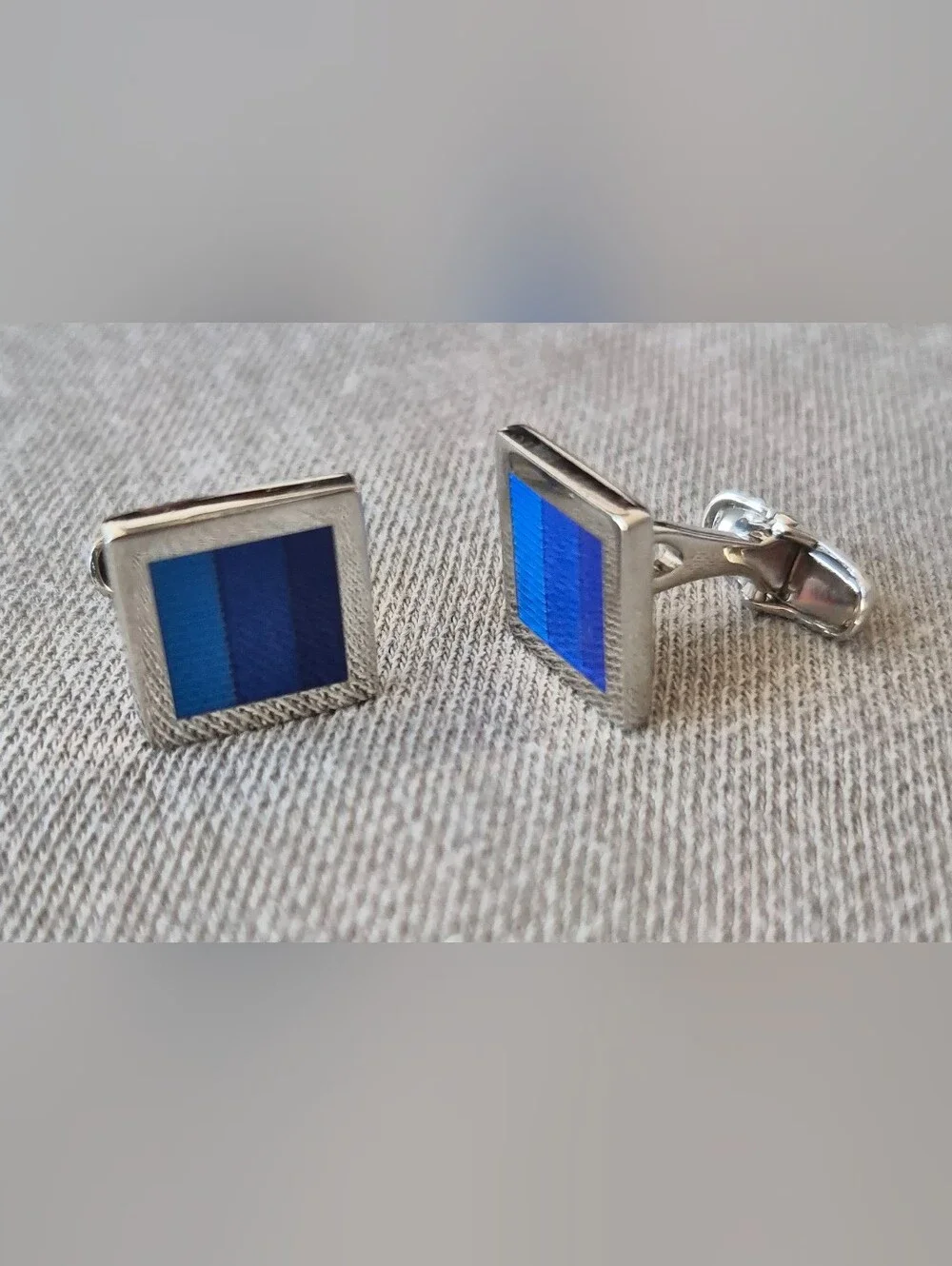 Men's Silver Cufflinks with Blue Enamel Inlay